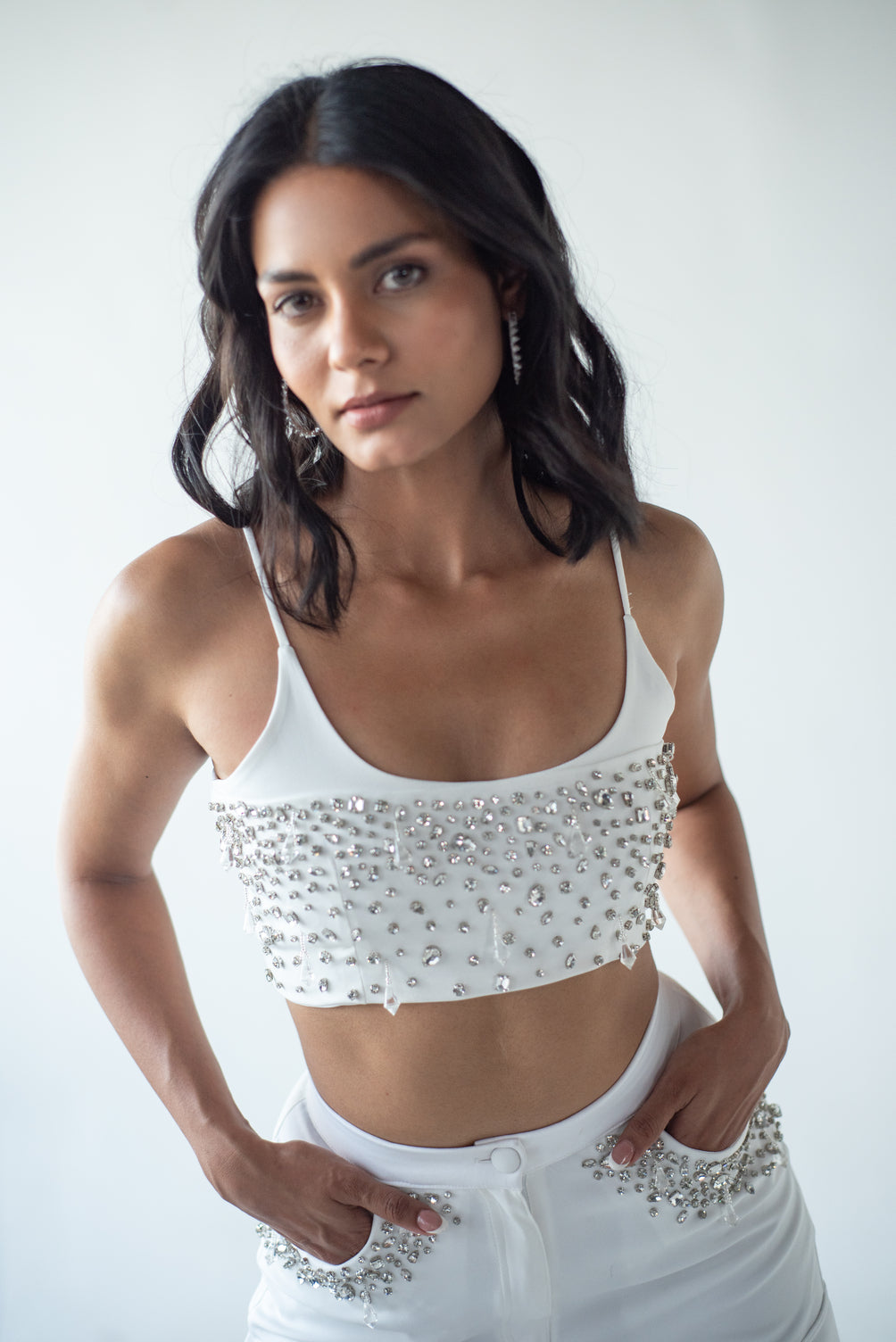 Hand-embellished strappy crop top