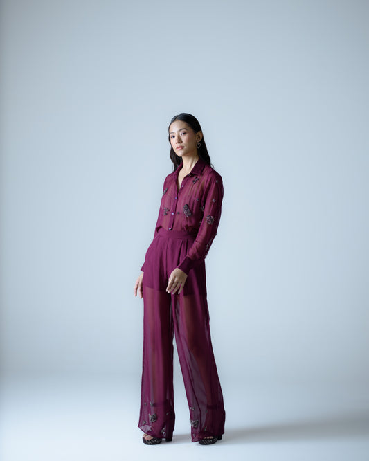 Hand-embellished high-waisted organza trousers