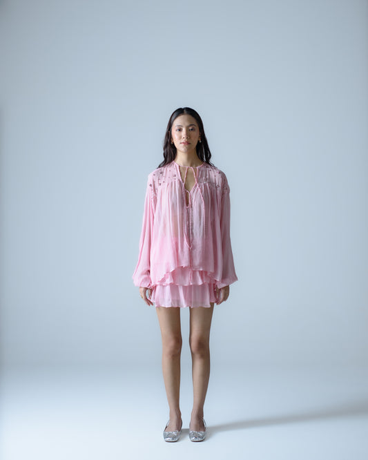 Silk chiffon embellished flowy blouse