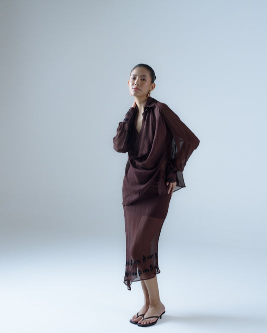 Silk chiffon embellished asymmetric shirt & midi skirt co-ord