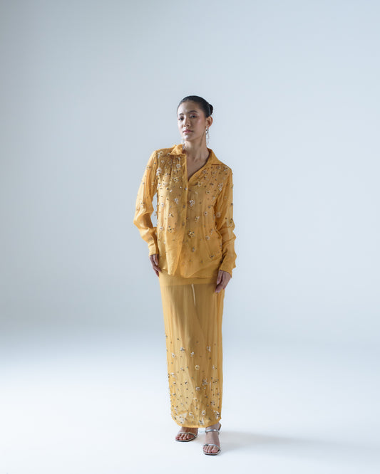Hand-embellished organza shirt & maxi skirt co-ord
