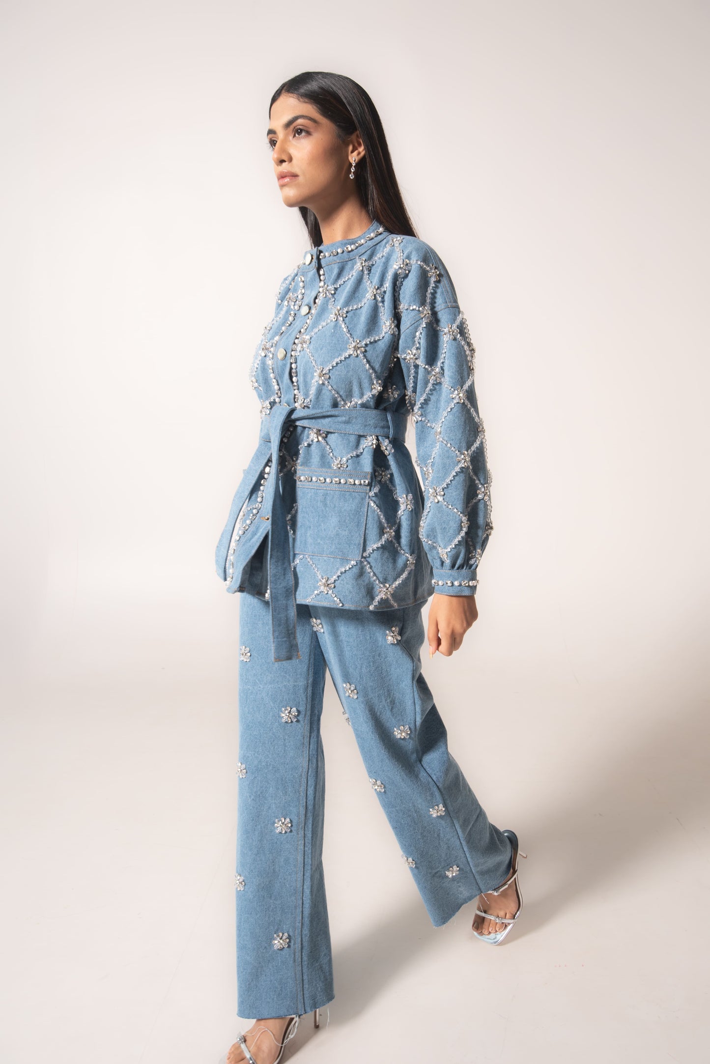 Hand-embellished belted denim jacket