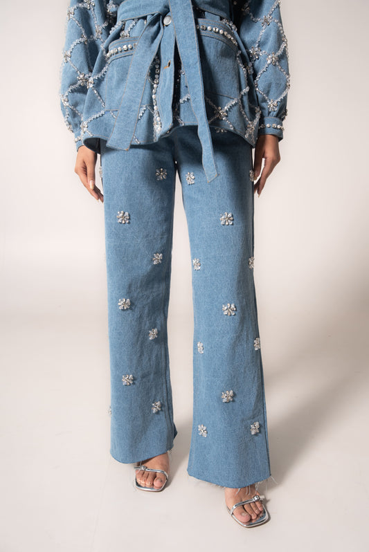 High-waisted hand-embellished denim jeans