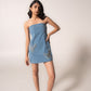 Off-shoulder denim mini with butterflies