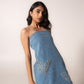 Off-shoulder denim mini with butterflies