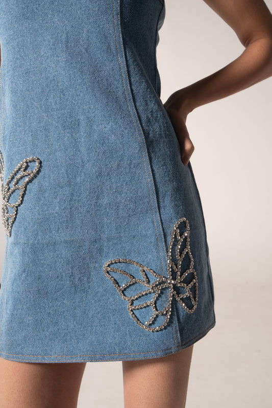 Off-shoulder denim mini with butterflies