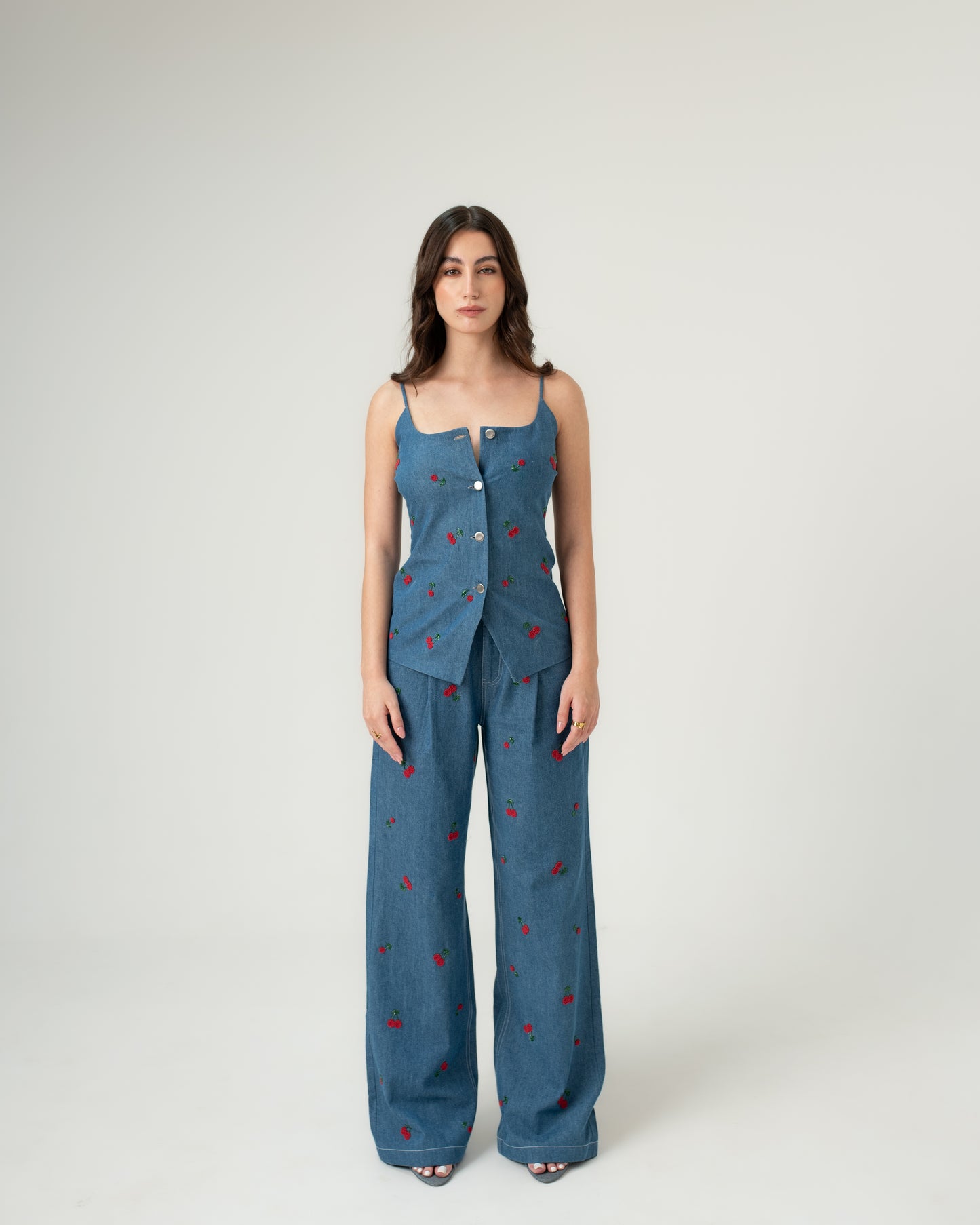 Cherry embroidered shoulder straps top