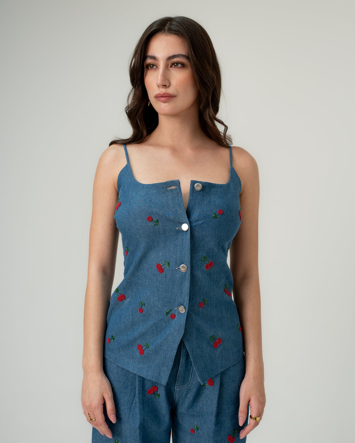 Cherry embroidered shoulder straps top