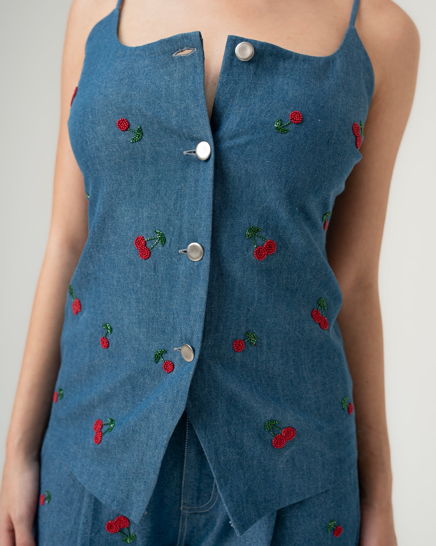 Cherry embroidered shoulder straps top