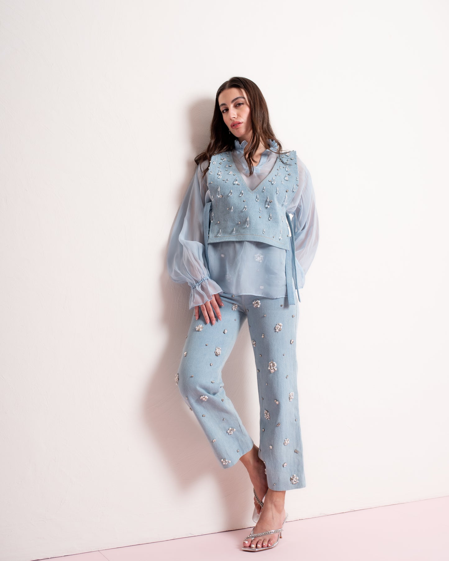 Crystal Denim Vest and Organza Shirt