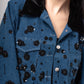 Embroidered denim jacket with velvet collar
