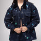 Embroidered denim jacket with silk-velvet collar
