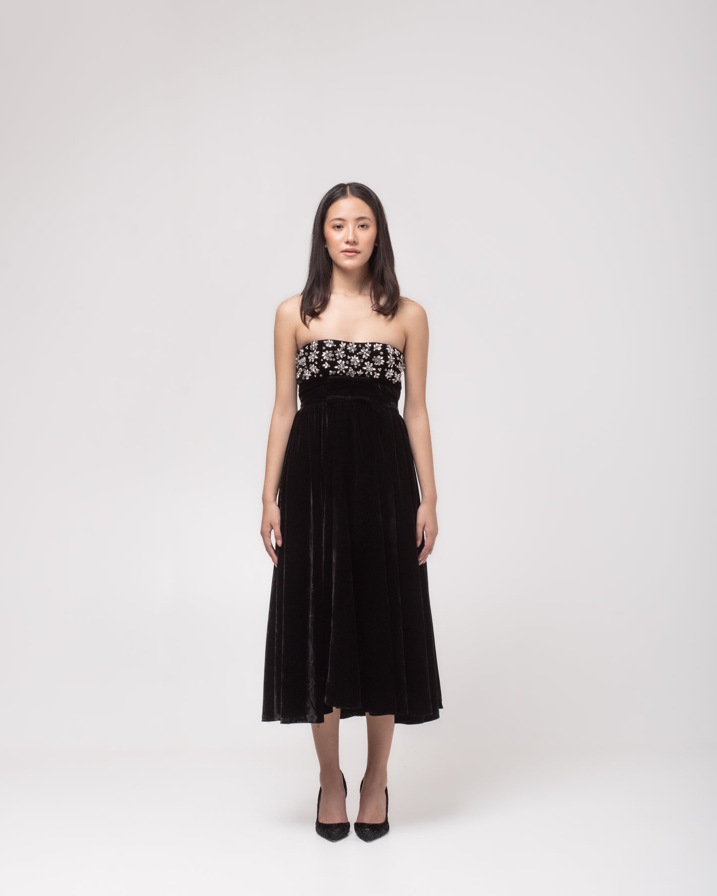 Off-shoulder flared silk-velvet midi dress