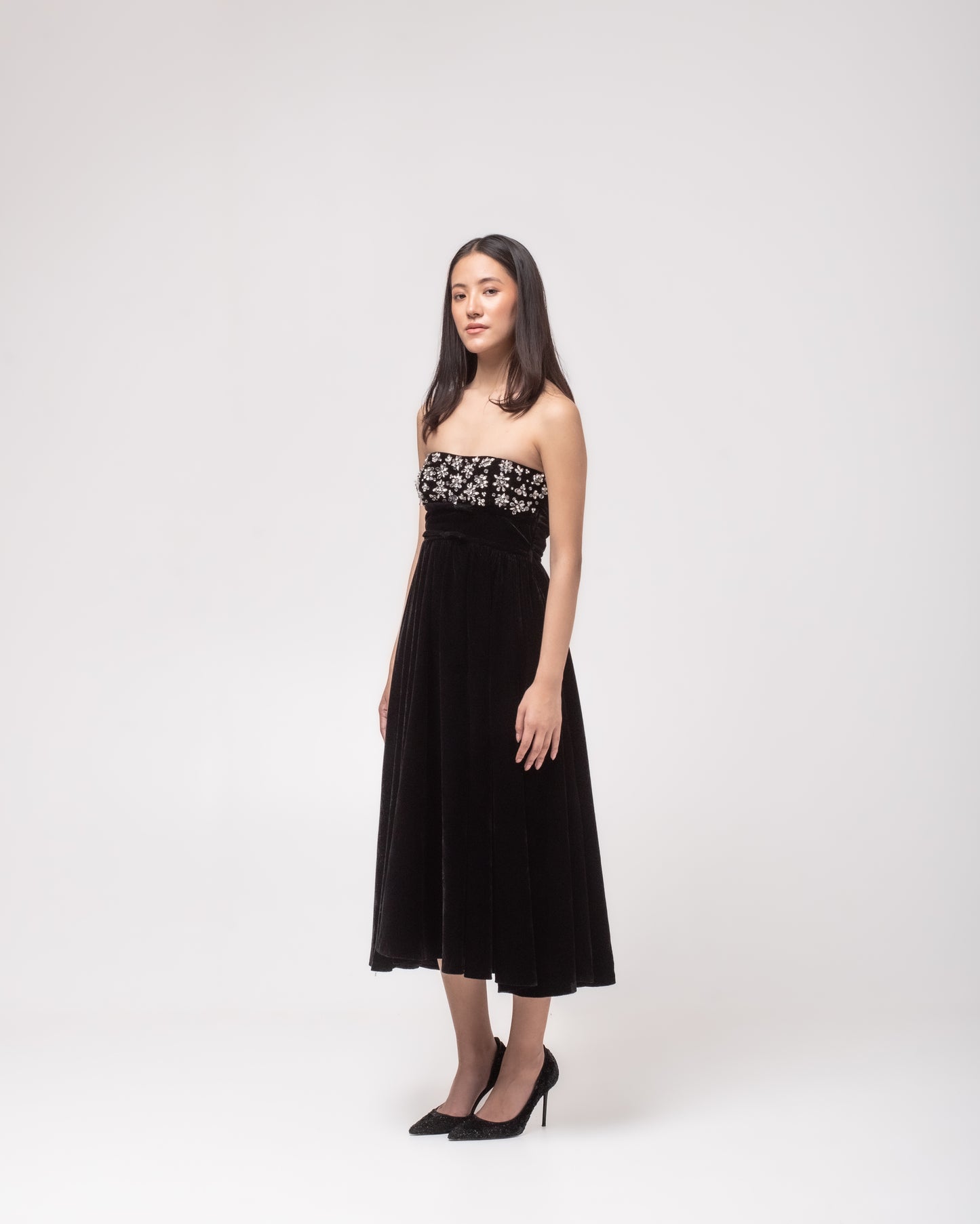 Off-shoulder flared silk-velvet midi dress