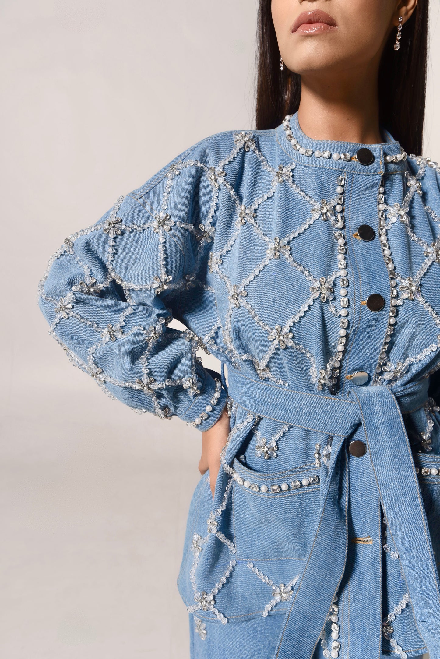 Hand-embellished belted denim jacket