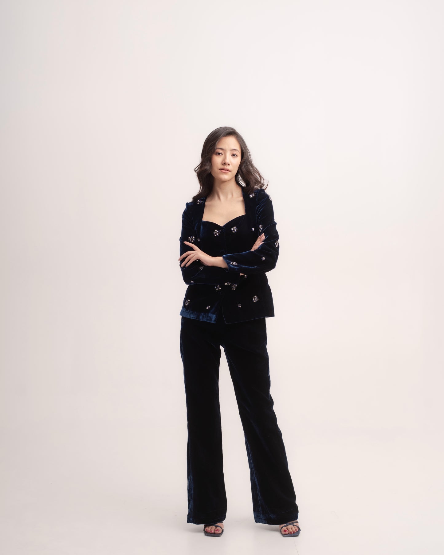 Silk-velvet sweetheart neckline blazer with embellishments