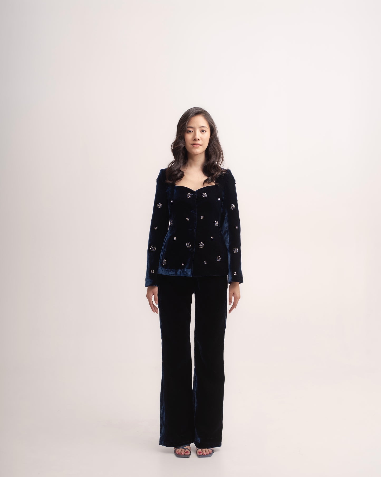 Silk-velvet sweetheart neckline blazer with embellishments