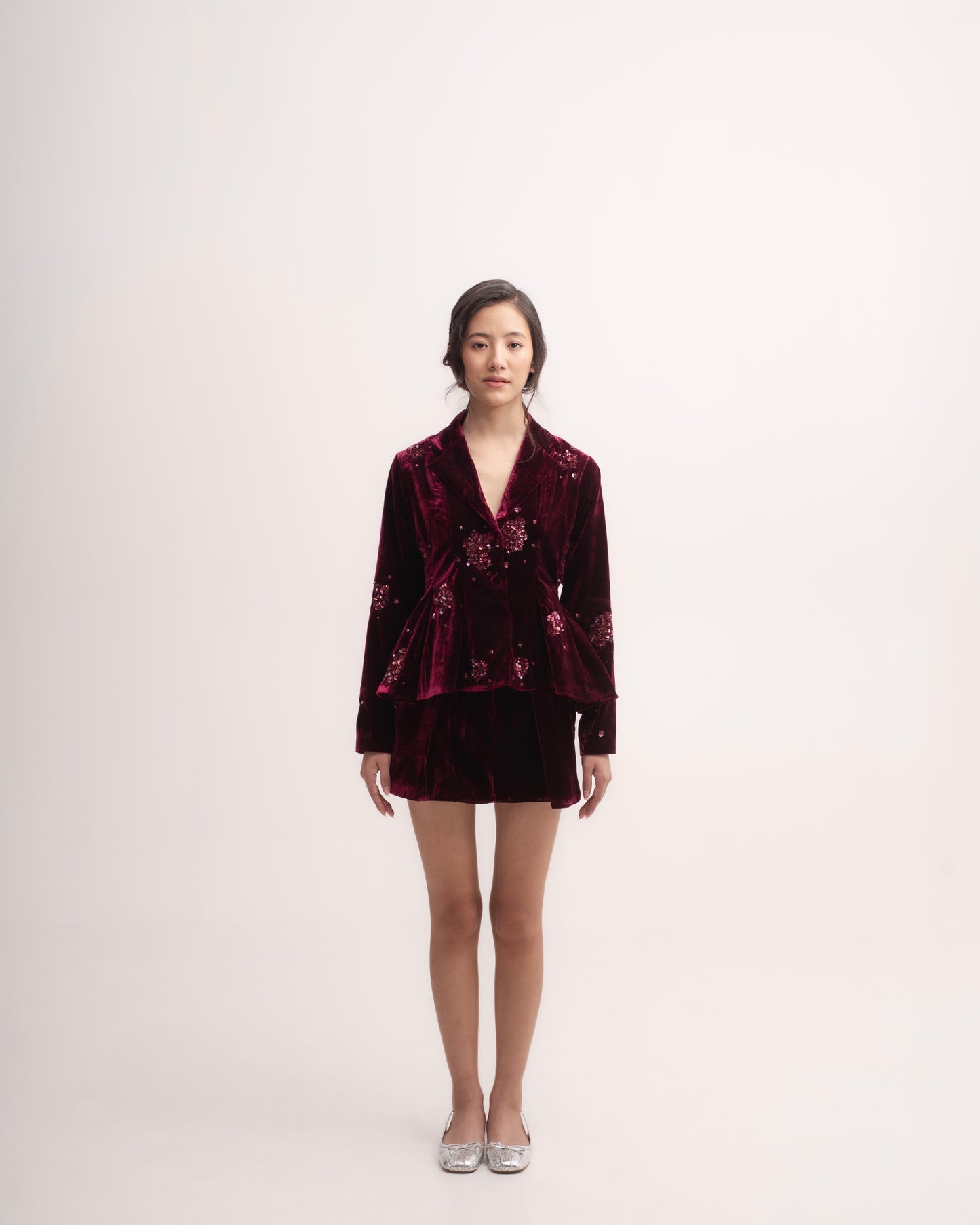 Silk-velvet peplum blazer with sequin embellishing