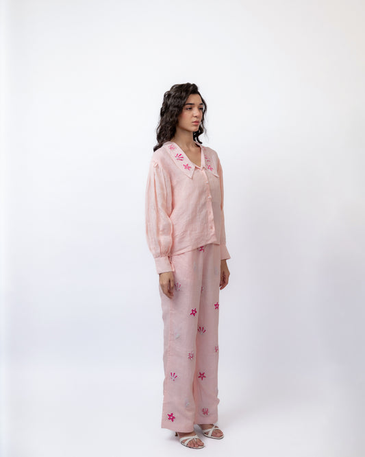 100% linen puff-sleeve hand-beaded collar shirt & pants co-ord