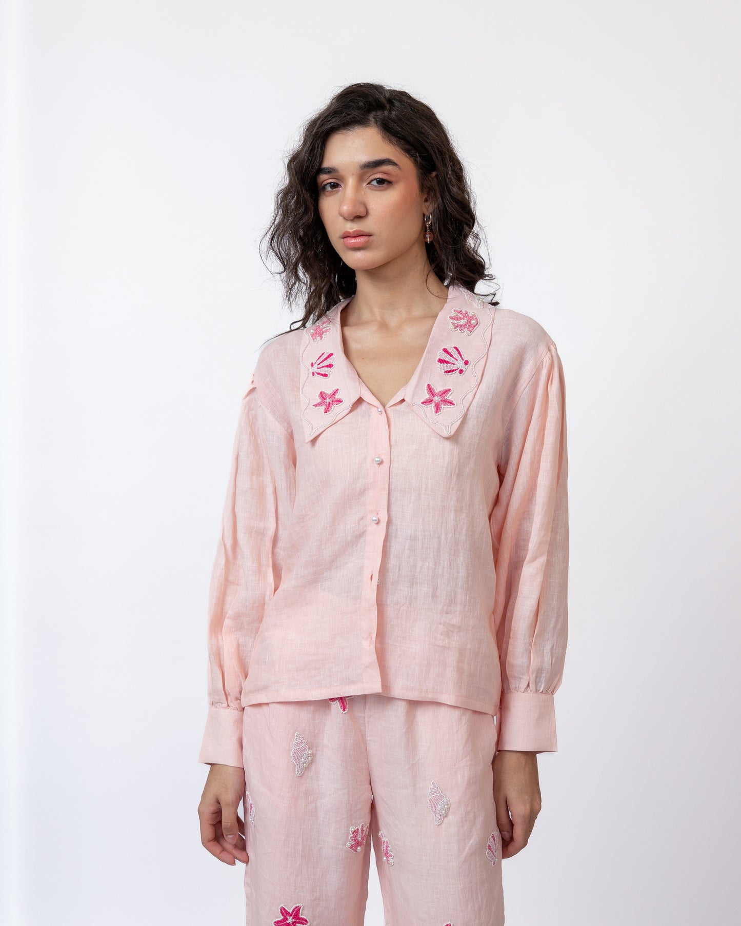 100% linen puff-sleeve hand-beaded collar shirt & pants co-ord