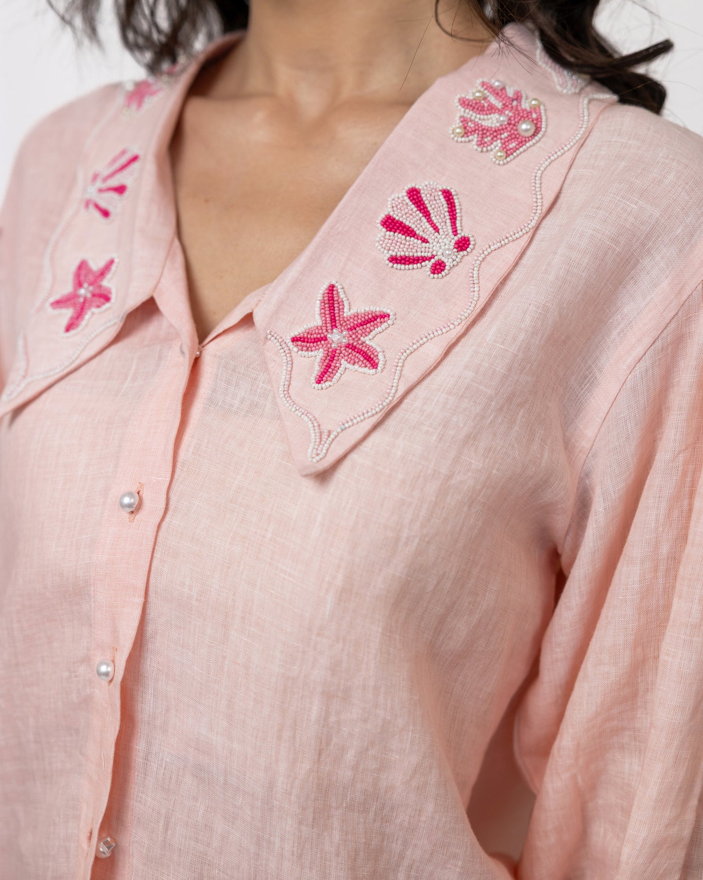 100% linen puff-sleeve hand-beaded collar shirt & pants co-ord