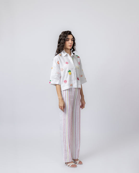 100% Linen hand-beaded shirt & multi-colour striped trousers co-ord