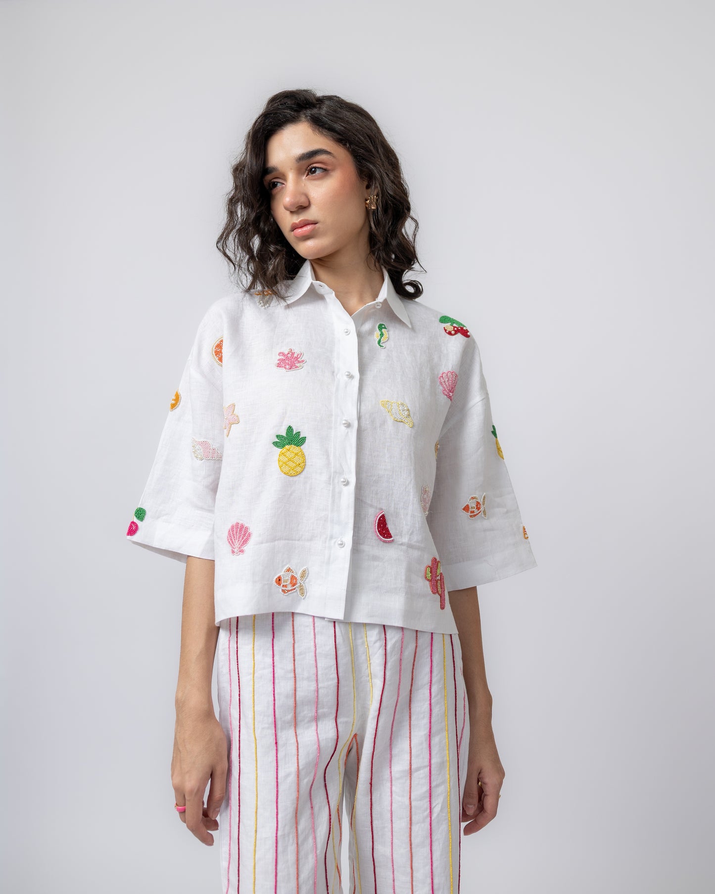 100% Linen hand-beaded shirt & multi-colour striped trousers co-ord