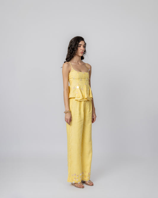100% Linen hand-beaded peplum top with sequin & wide-leg trousers co-ord