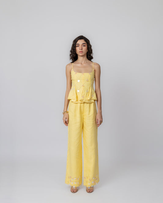 100% Linen hand-beaded peplum top with sequin & wide-leg trousers co-ord