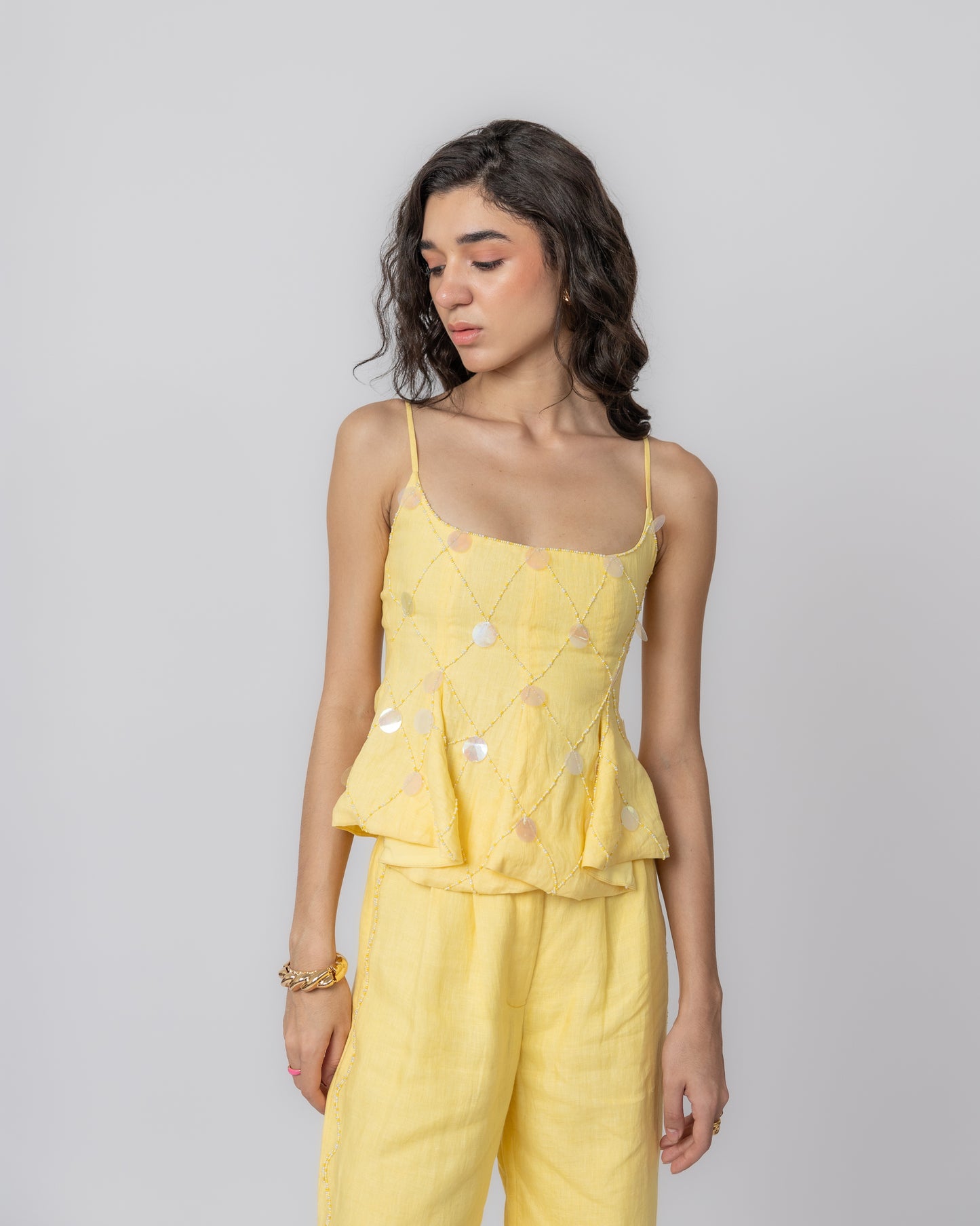 100% Linen hand-beaded peplum top with sequin