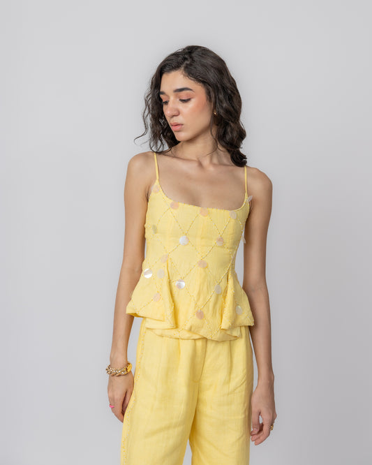 100% Linen hand-beaded peplum top with sequin