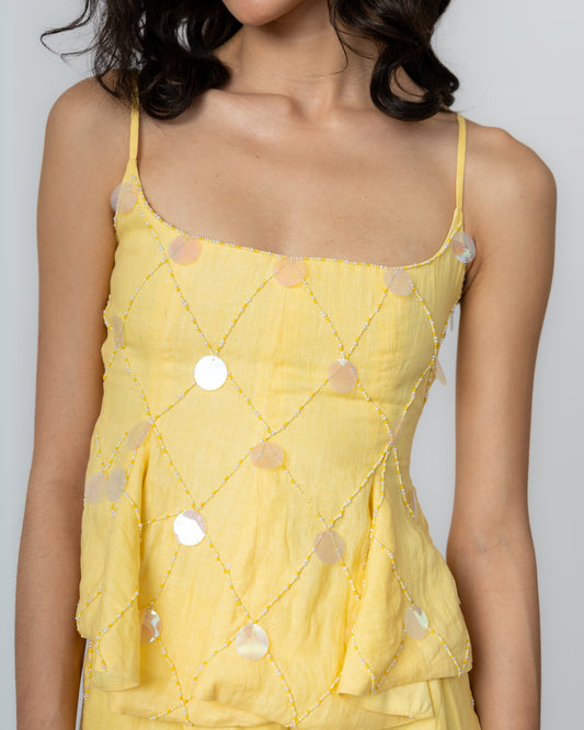 100% Linen hand-beaded peplum top with sequin