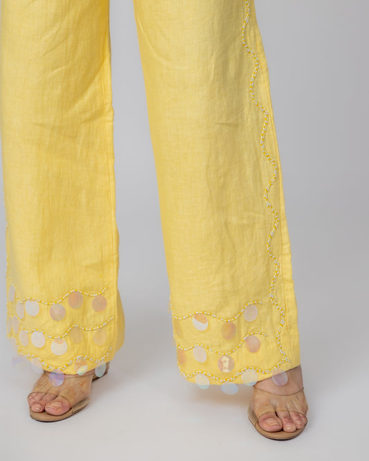 100% Linen wide-leg trousers with sequin hem