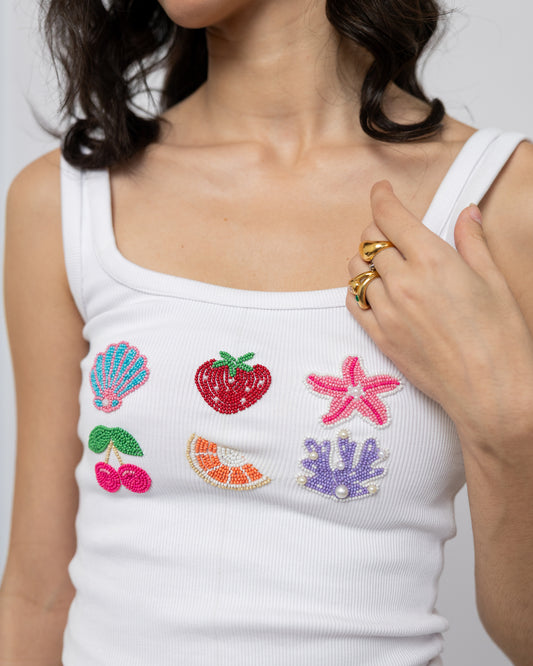 Hand-beaded ribbed tank top