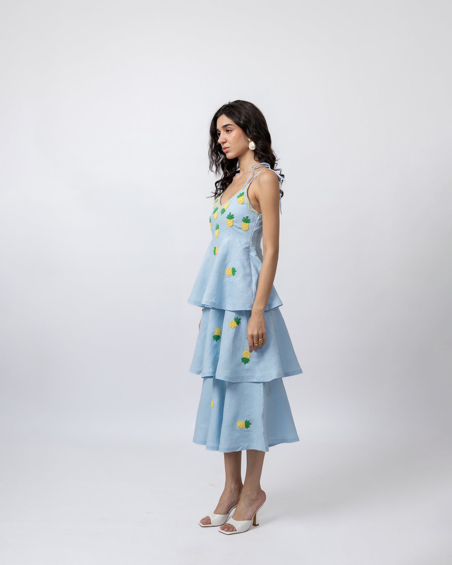 100% linen hand-beaded midi ruffle dress