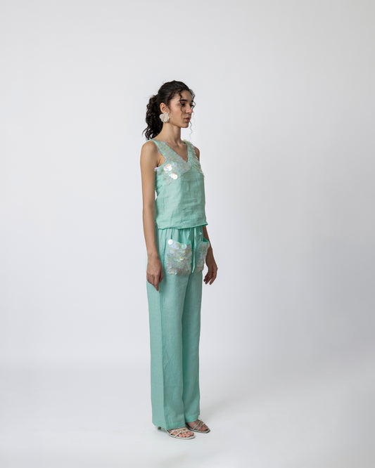100% linen sequin top & trousers with sequin pocket co-ord