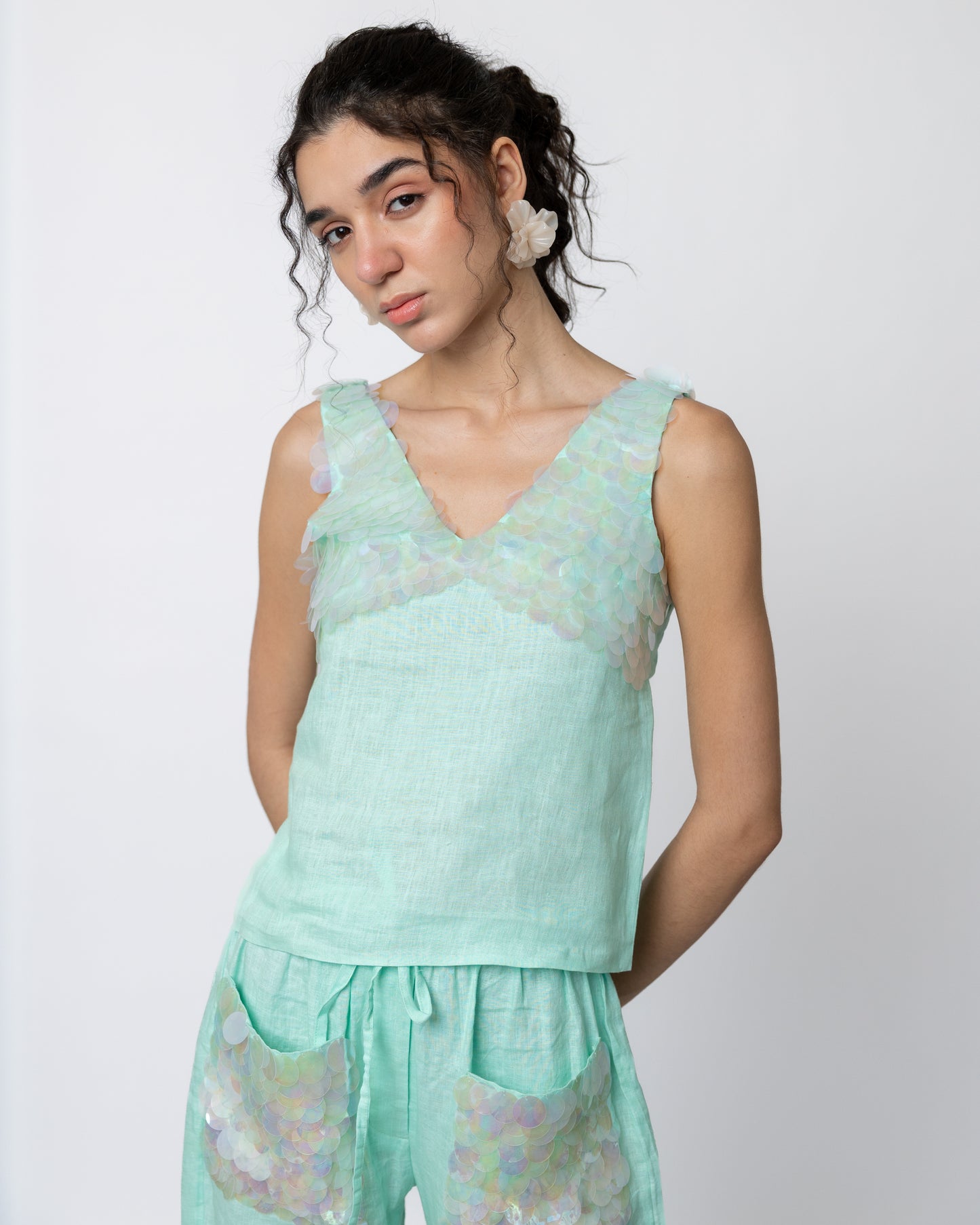 100% linen sequin top & trousers with sequin pocket co-ord