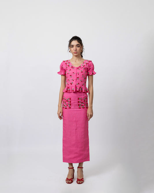 100% linen hand-beaded peter-pan collar top