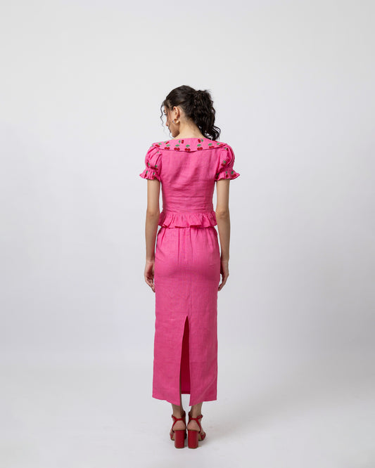 100% linen midi skirt with beaded pockets & peter-pan collar top