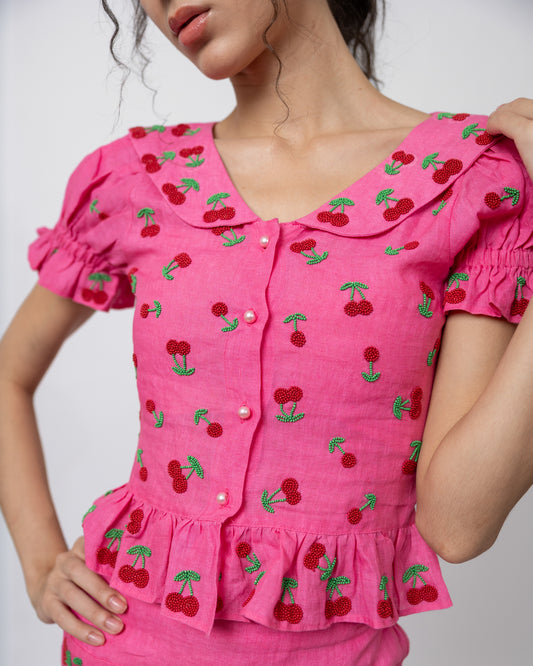 100% linen hand-beaded peter-pan collar top