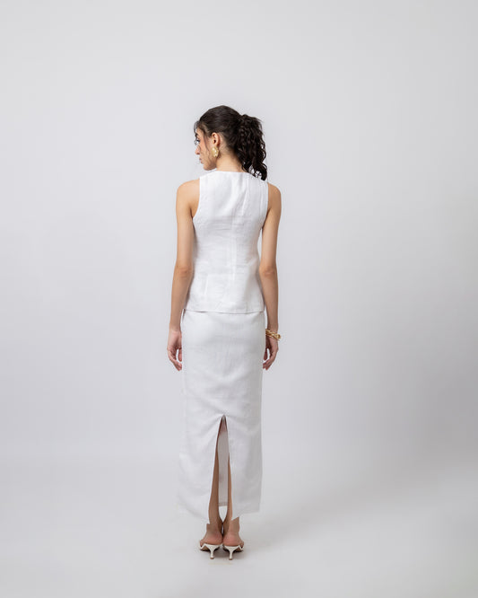100% linen waistcoat with floral hand embroidery & midi skirt co-ord