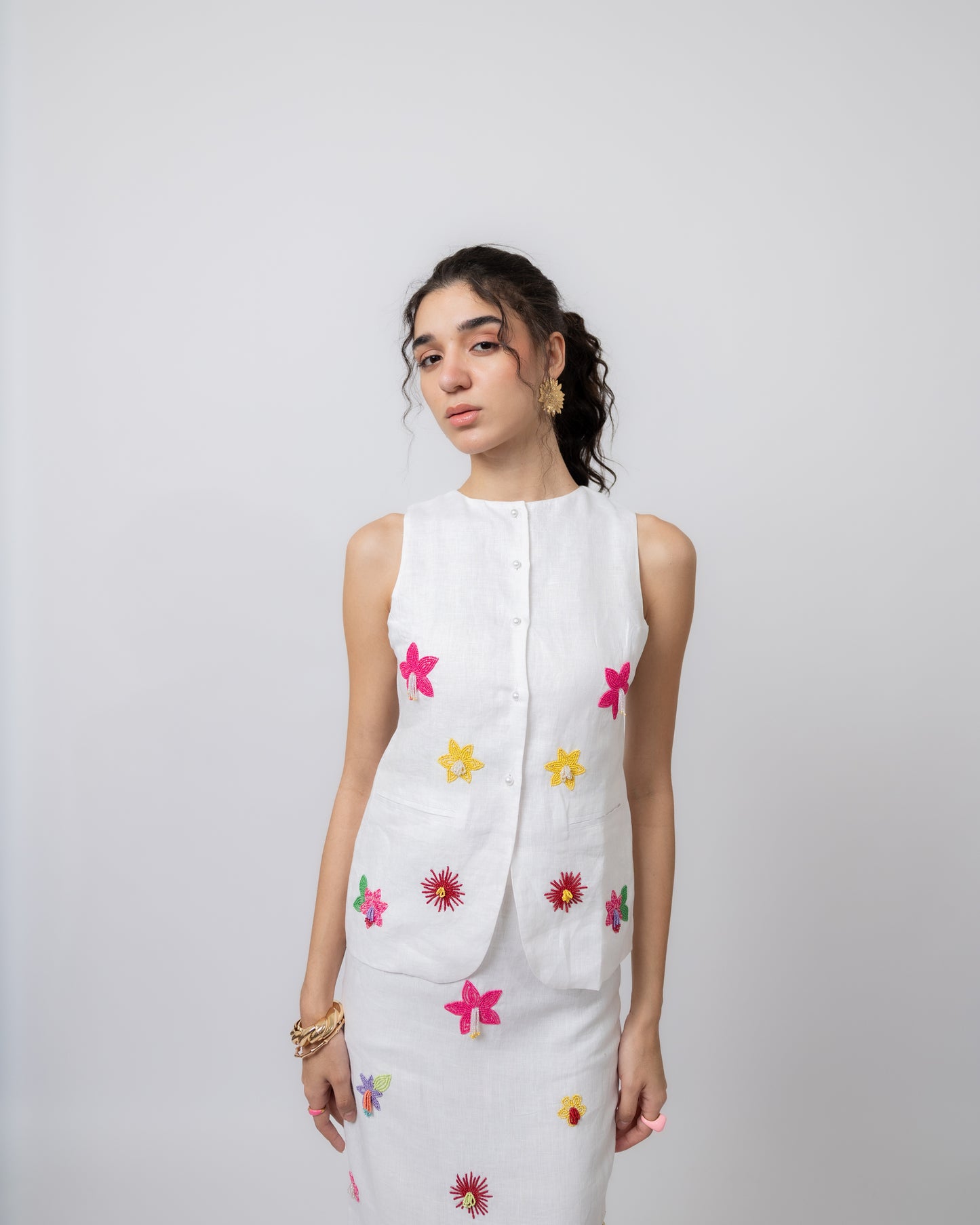 100% linen waistcoat with floral hand embroidery & midi skirt co-ord