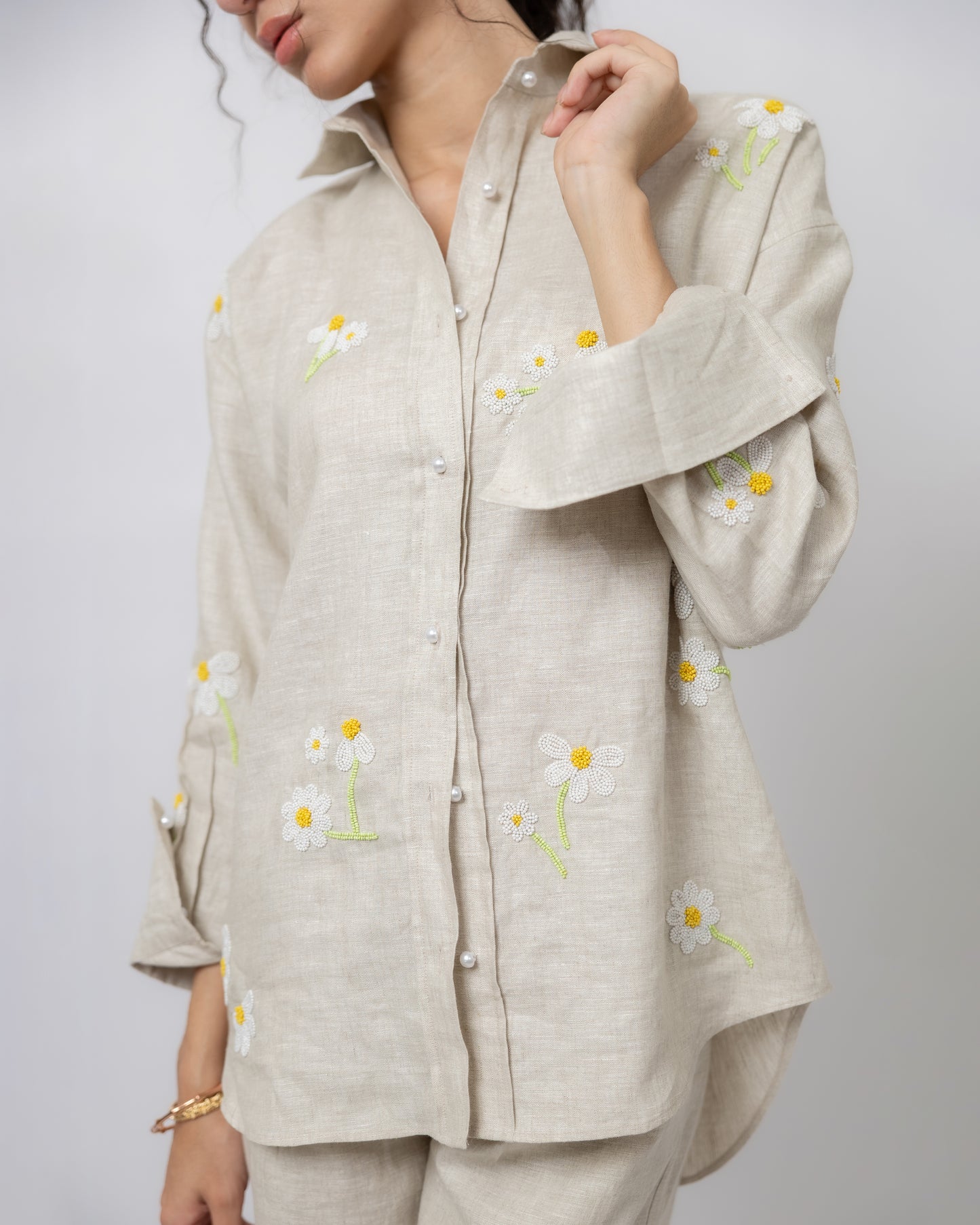 100% Linen long-sleeved embroidered shirt & high-waisted trousers co-ord