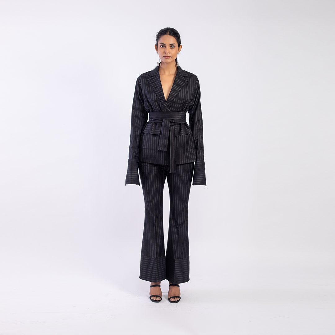 Pinstriped blazer with belt