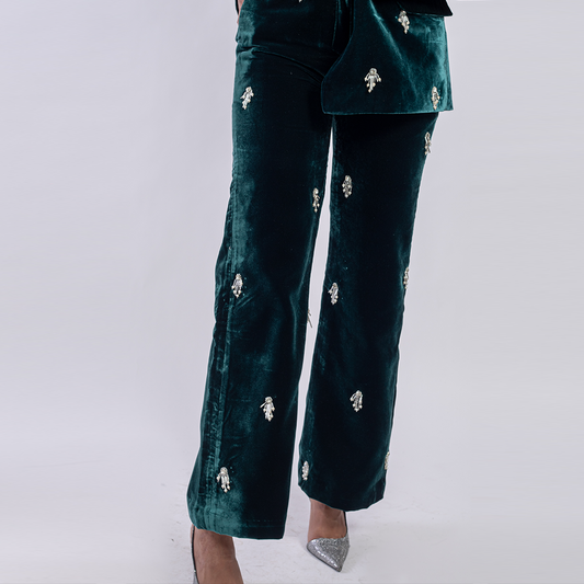 High-waist velvet trousers with embellishments