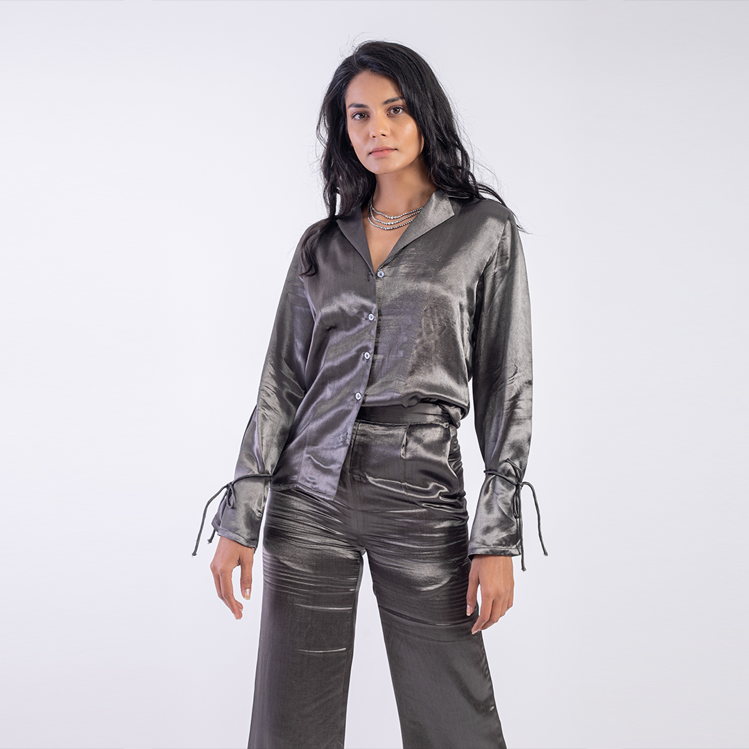 Metallic silk trousers with side slit