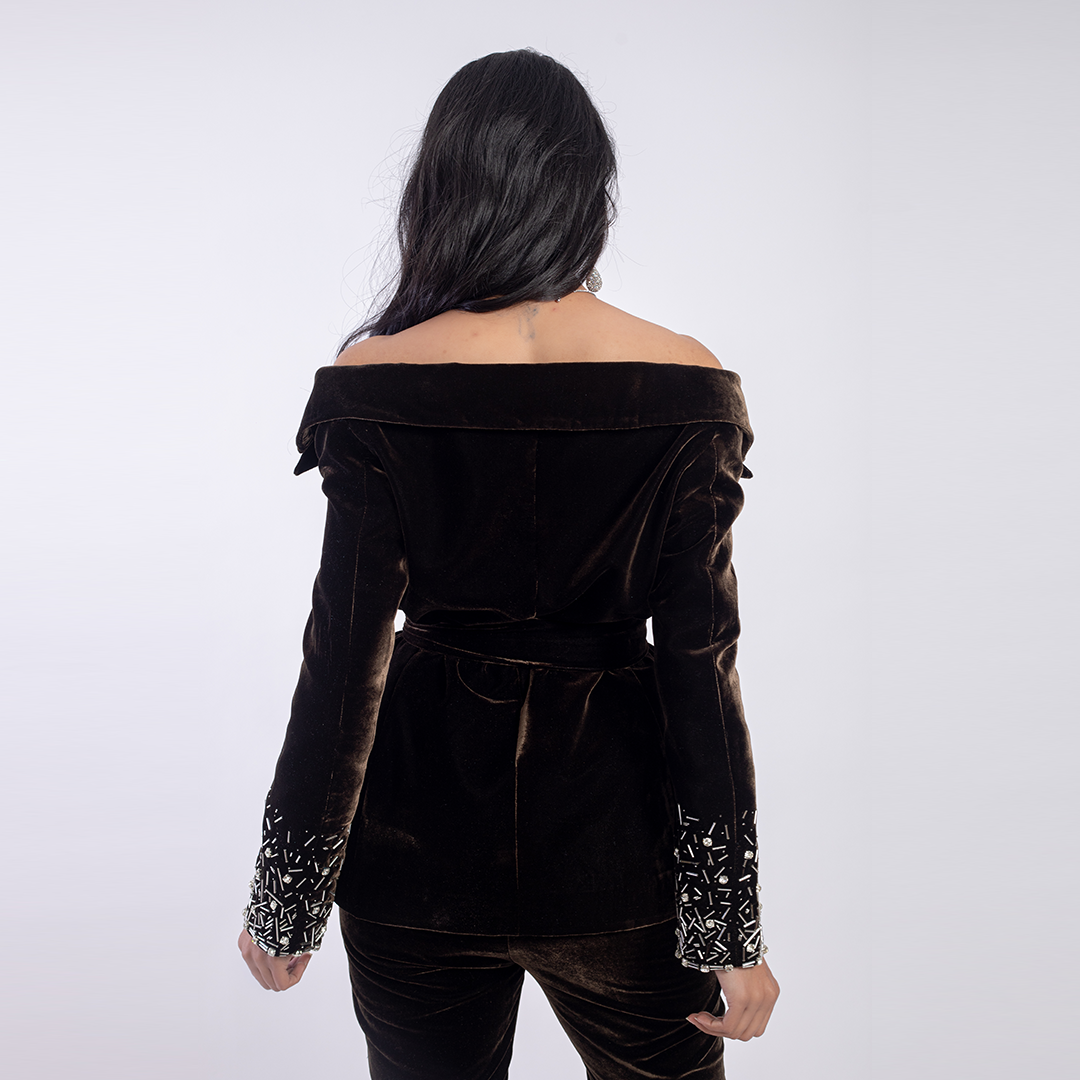 Off-shoulder velvet blazer with embellishments