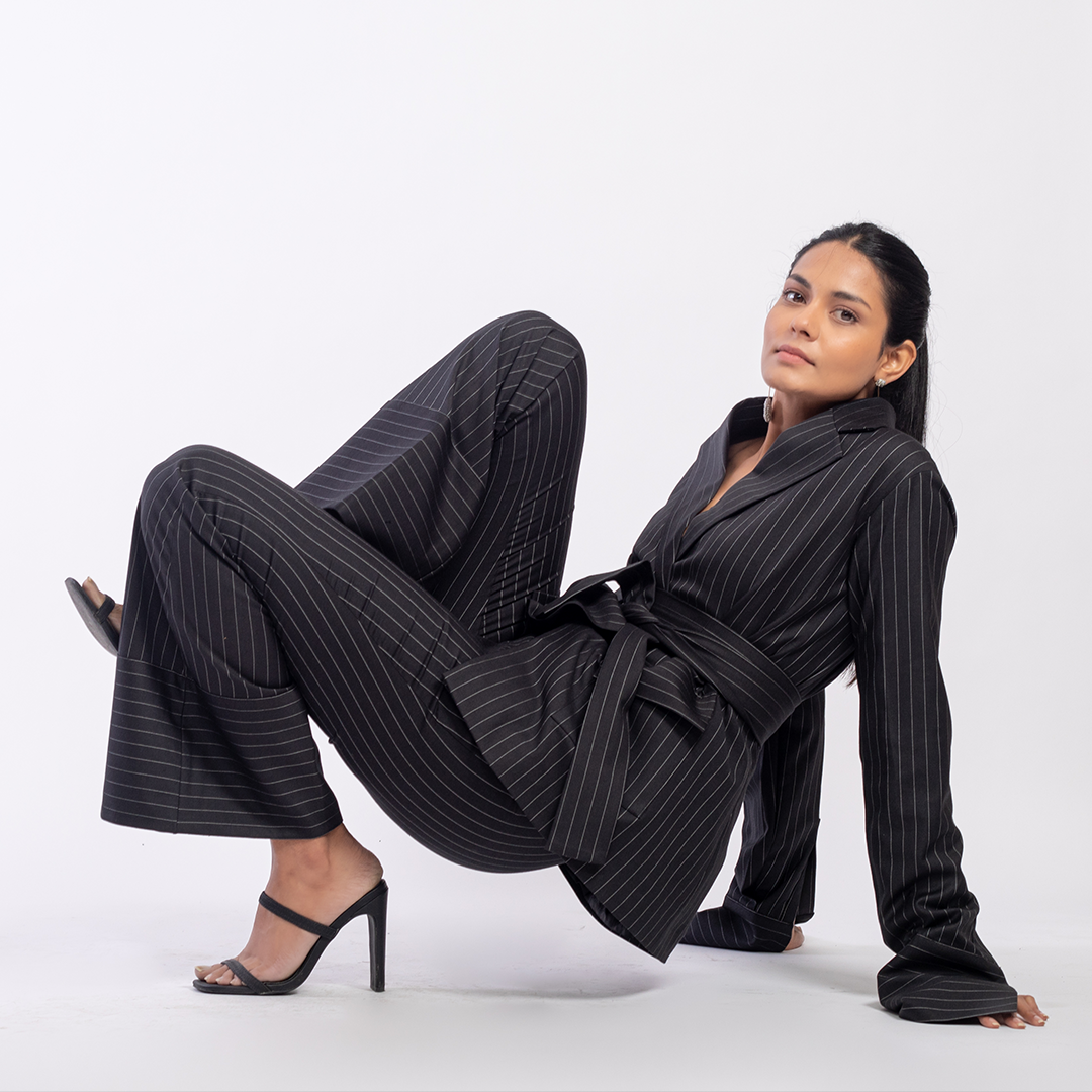 Pinstriped blazer with belt