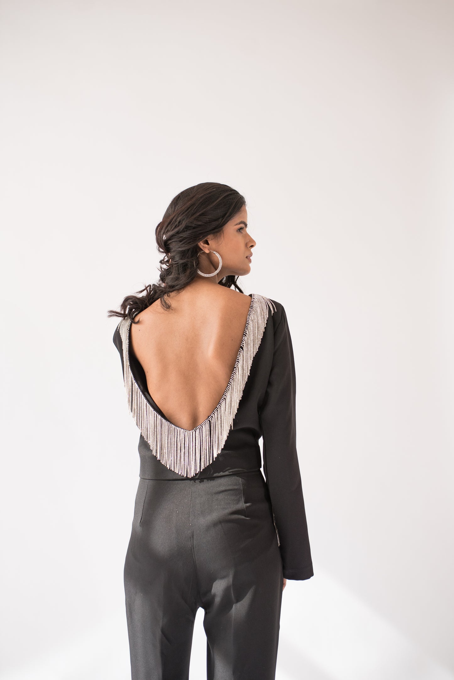 Flared sleeve top with rhinestone chain detailed back