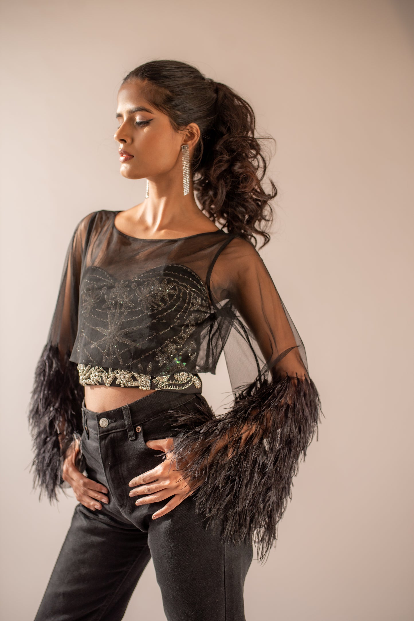 Long-sleeved net feather top